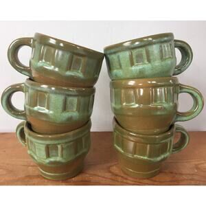 Set of 6 Vtg Frankoma 94C Prairie Green Glazed Wagon Wheel Coffee Mugs Tea Cups